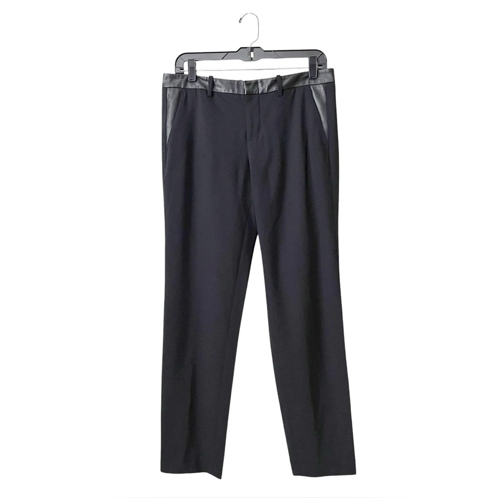 Vince Pants Women's Size 8 Black Leather Waistband Wool Tapered Stretch Slacks